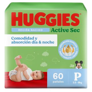 Pañal Huggies Active Sec Mega Talla P - Bolsa 60UN