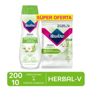 Nosotras Jabón Intimo Herbal 200ml + Toallas Humedas - Pack 2 UN